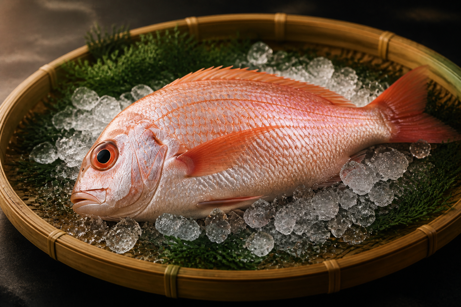 Nodoguro arranged on ice in a bamboo market tray